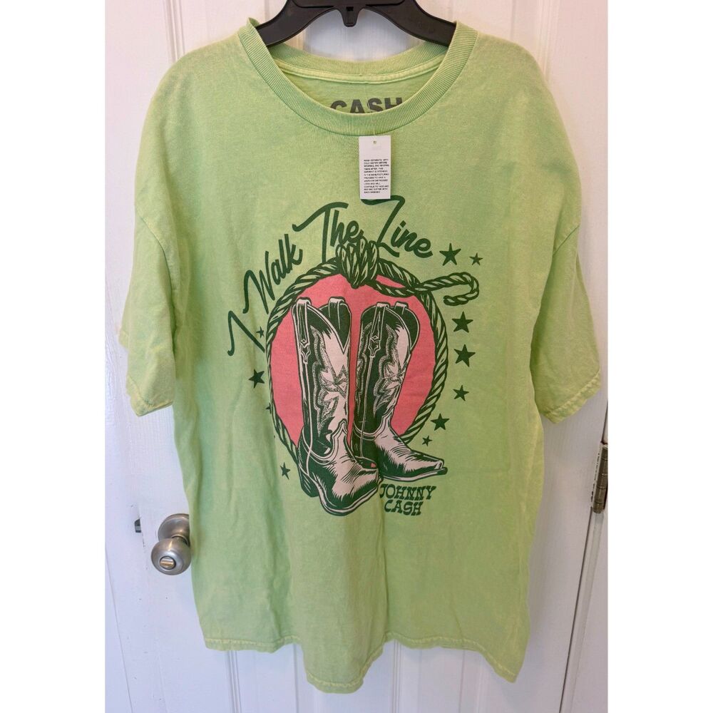 Johnny Cash I Walk The Line Boots Relaxed Fit T Shirt Men's Size XL Lime Green